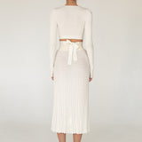 2-Piece Crew Neck Cross Tie Top and Midi Skirt Matching Set White