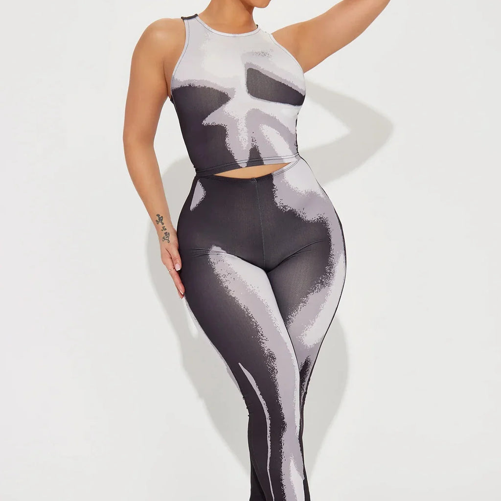 Thermal Printed Crop Top and Legging Set Gray