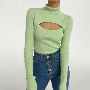 Long Sleeve Hollow Out Turtleneck Pullover Sweater