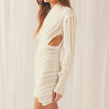 Hollow Out Long Sleeve Knitted Mini Dress White