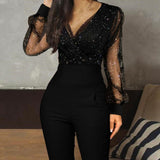 Glitter Mesh Long Sleeve Jumpsuit Black