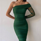 One Shoulder Long Sleeve Mesh Midi Dress Green