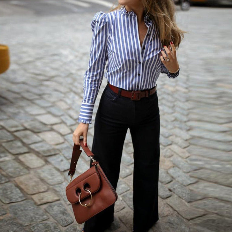 Striped Puffed Sleeve Blouse Top