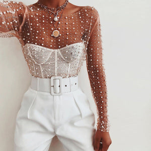 Mesh Embellished Pearl Crop Top Nude