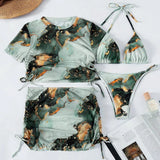 4-Piece Marble Print Halter Bikini Set Green