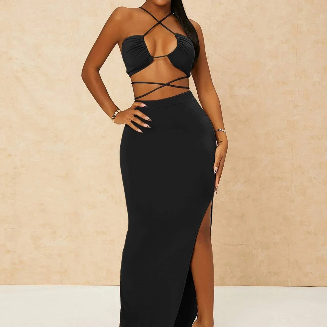 Strappy Halter Top and Skirt Matching Set