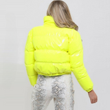 Glossy Faux Patent Leather Puffer Jacket Yellow