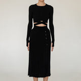 2-Piece Crew Neck Cross Tie Top and Midi Skirt Matching Set Black