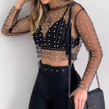 Mesh Embellished Pearl Crop Top Black