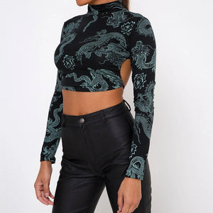 Printed Mock Neck Crop Top Black Dragon