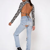 Printed Mock Neck Crop Top Zebra Print