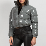 Glossy Faux Patent Leather Puffer Jacket Gray