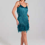 Sleeveless Fringed Sequin Feathered Mini Dress Teal