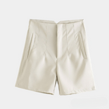 Solid High Waist Zipper Shorts Beige