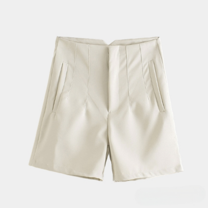 Solid High Waist Zipper Shorts Beige