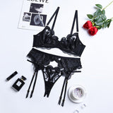 2-Piece Heart Embroidered Lingerie Set Black