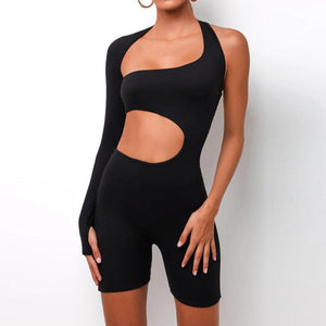 Cut Out One Sleeve Solid Romper