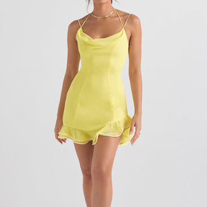 Sleeveless Yellow Mini Halter Chiffon Dress