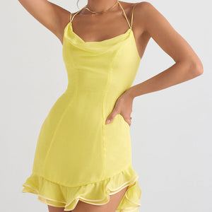 Sleeveless Yellow Mini Halter Chiffon Dress