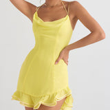 Sleeveless Yellow Mini Halter Chiffon Dress