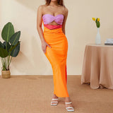 Colorblock Hollow Out Strapless Maxi Dress Orange
