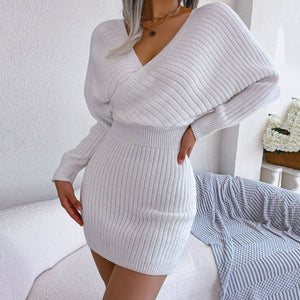 Long Sleeve Knitted Wrap Mini Dress