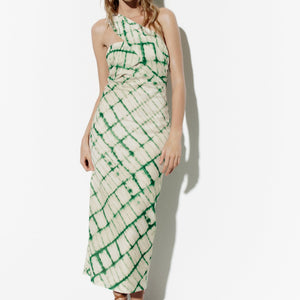 One Shoulder Green Stripe Printed Midi Dress