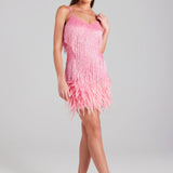 Sleeveless Fringed Sequin Feathered Mini Dress Pink