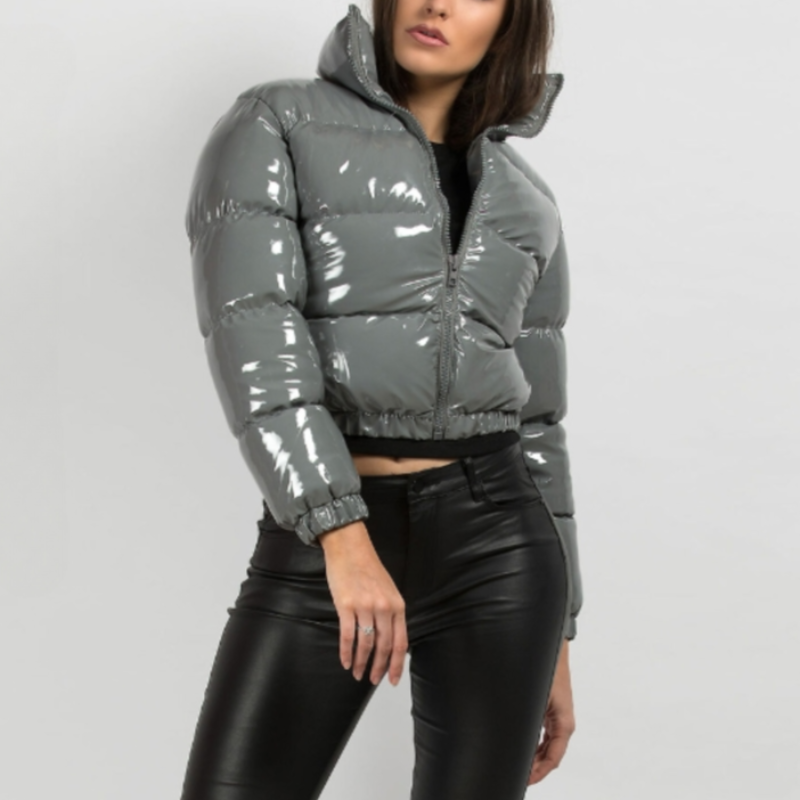 Glossy Faux Patent Leather Puffer Jacket
