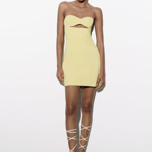 Sleeveless Ruched Hollow Dress Yellow