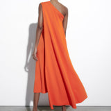 Sleeveless Cape Knitted Midi Asymmetrical Dress Orange