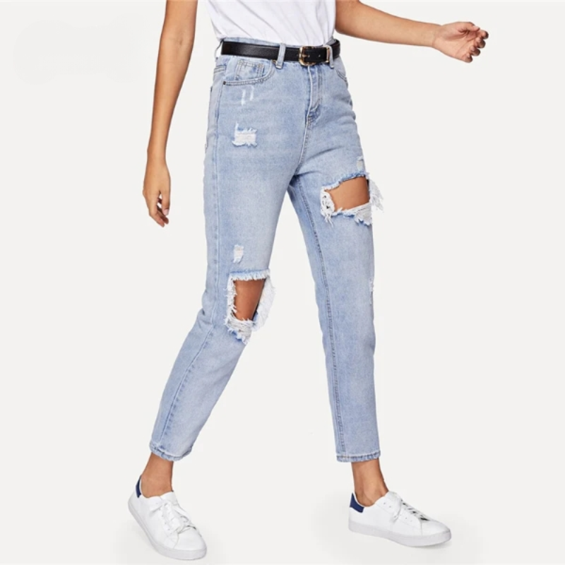 Straight Leg Cut Out Ripped Jeans