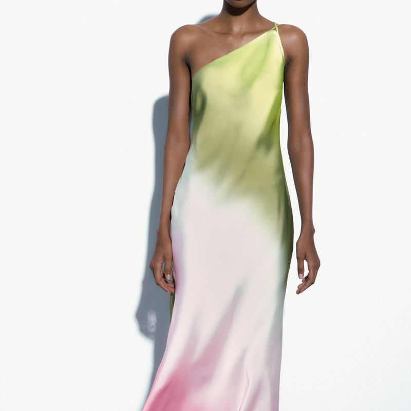 One Shoulder Tie Dye Print Satin Maxi Dress
