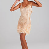 Sleeveless Fringed Sequin Feathered Mini Dress Champagne