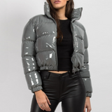 Glossy Faux Patent Leather Puffer Jacket Gray