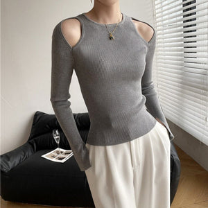 Cut Out Shoulder Long Sleeve Crop Sweater