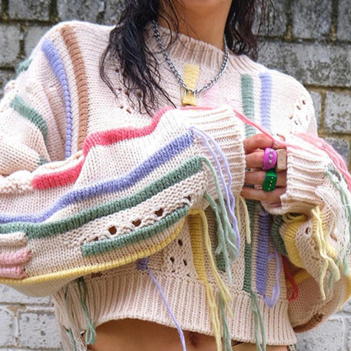 Vintage Fringed Tassel Crop Sweater White