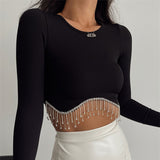 Rhinestone Tassel Long Sleeve Crop Top Black