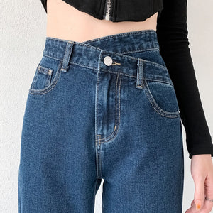 High Waist Baggy Cross Waist Jeans Dark Blue