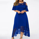 Plus Size Shoulder Cut Out Lace Hem Embroidery Midi Dress Blue