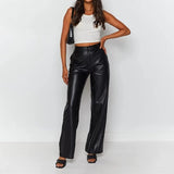 Faux Leather Straight Wide Leg Pants Black