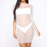 Mesh Short Sleeve Striped Beach Cover Up Dress White