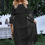 Off Shoulder Flared Long Sleeve Boho Maxi Dress Black