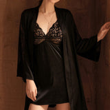 3-Piece Silk Embroidery Lace Sleepwear Set Black