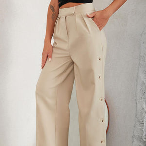 Buttoned Pleated Wide Leg Pants