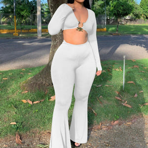 Ribbed Flare Pants Matching Set White