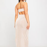 Metal Detail Jersey Bandeau Top and Skirt Set Beige