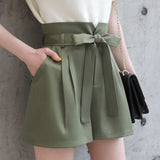 Chiffon Bow Belt High Waist Shorts Green