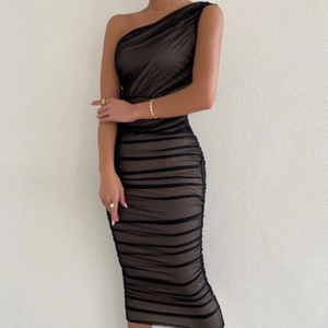 Double Layer Ruched Mesh Midi Dress