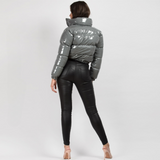 Glossy Faux Patent Leather Puffer Jacket Gray